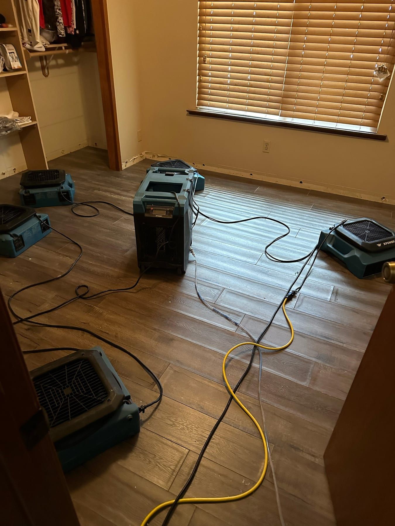 Four air movers and a dehumidifier positioned around a bedroom floor with cables running between them, blinds closed.